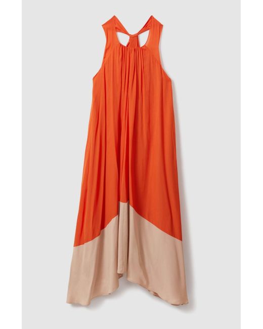 Reiss Elias - Orange Ruched Dipped Hem Midi Dress