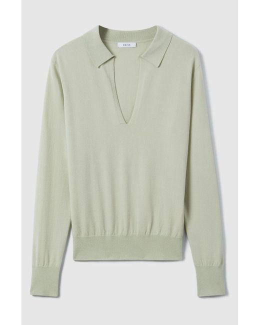 Reiss Gray Nellie - Sage Knitted Collared V-neck Top