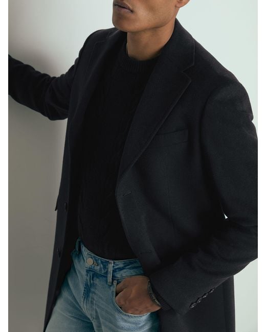Reiss Black Tycho Overcoat Cashmere Plain for men
