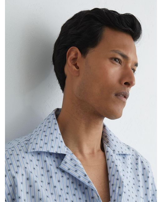 Reiss Blue Cotton Medallion-Print Cuban-Collar Shirt for men