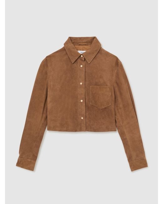 Reiss Brown Connie - Tan Suede Press-stud Cropped Shirt, Us 10