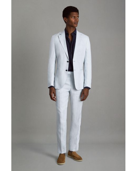 Reiss Gray Kin - Soft Blue Slim Fit Single Breasted Linen Blazer for men
