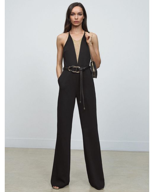 Reiss Blue Chain-Detail Flared-Leg Jumpsuit