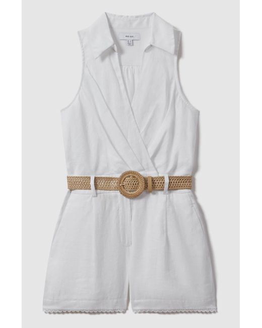 Reiss Natural Mila - Ivory Linen Double Breasted Belted Playsuit