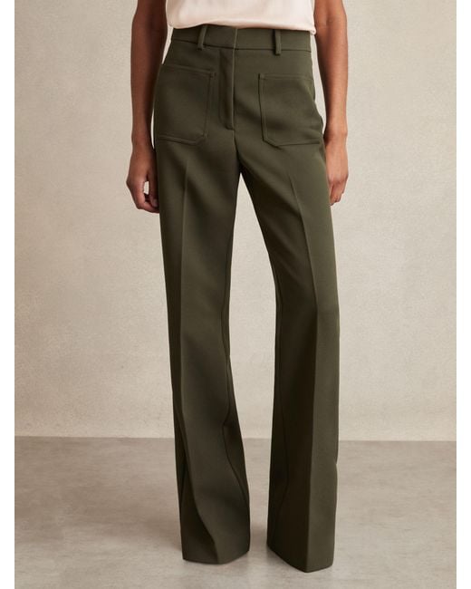 Reiss Natural Priya - Green Petite Twill Patch-pocket Flared Trousers, Us 2