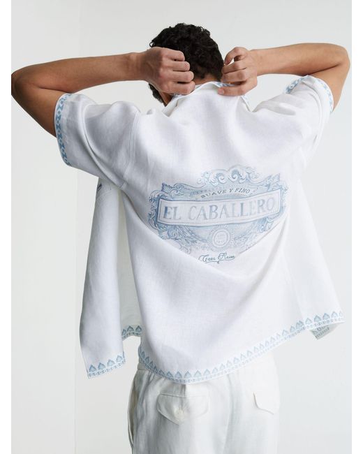 Reiss White Cotton-Linen Slogan-Print Shirt for men