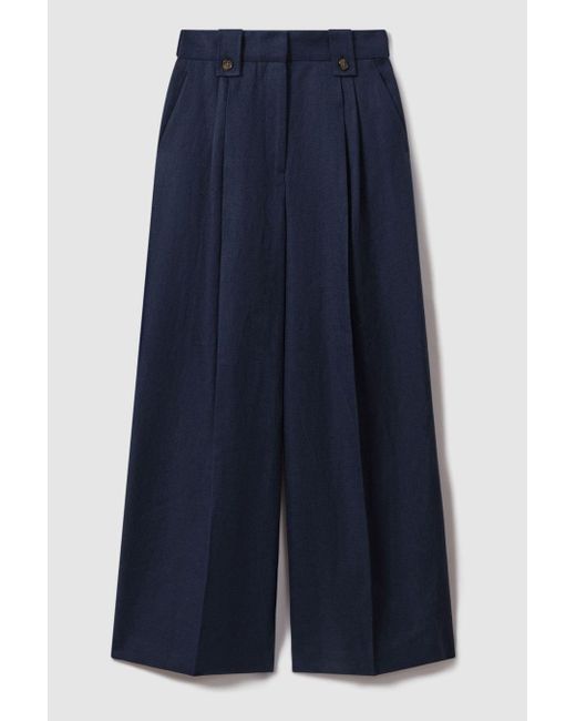 Reiss Blue Leila - Navy Linen Front Pleat Trousers
