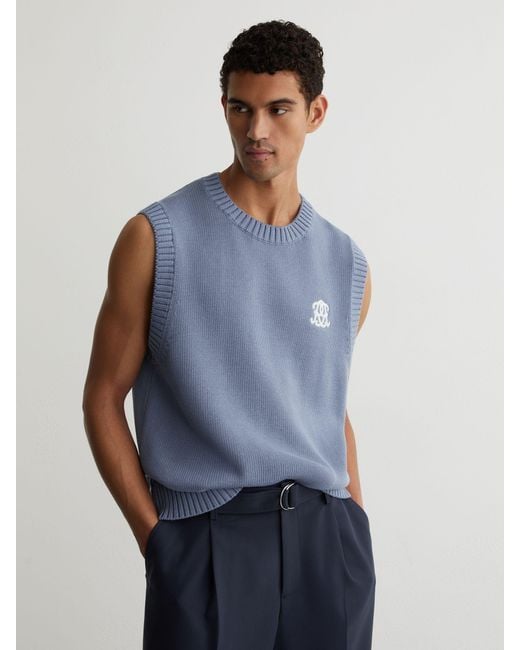 Reiss Blue Monogram Embroidered Relaxed Knit Vest for men