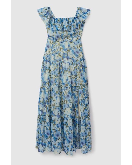 PAIGE Blue Silk Georgette Floral Print Maxi Dress
