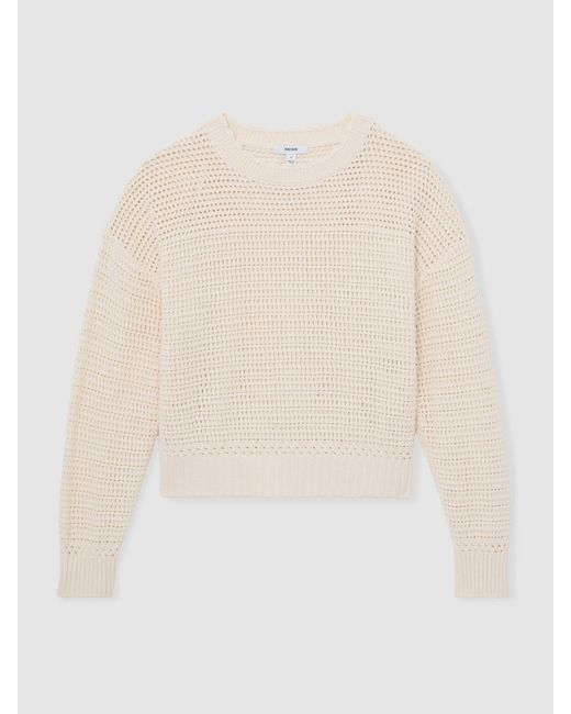 Reiss White Bonnie - Neutral Cotton Open-stitch Crew-neck Jumper, M (us 8-10)