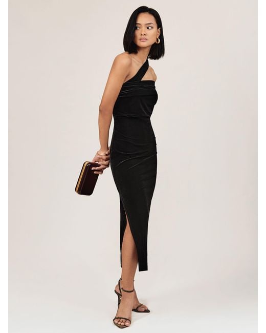 Reiss Dalia - Black Velvet One-shoulder Midi Dress, Us 12