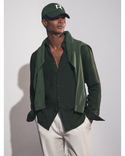 Reiss Men's Green Linen Button-Through Shirt Reiss Men's Green Linen Button-Through Shirt