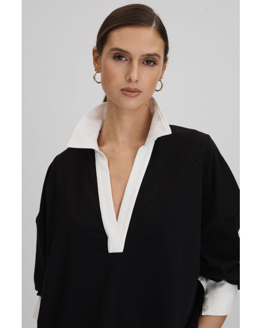 Reiss Aspen - Black/white Oversized Cotton Open Collar Jumper