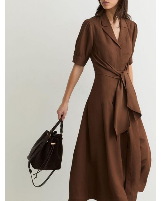 Reiss Brown Short-Sleeve Belted Midi Dress With Linen