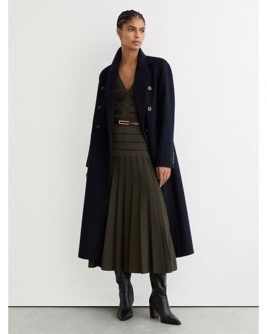 Reiss Blue Khaki & Knitted Stripe Pleated Midi Skirt