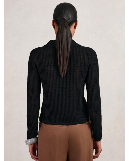 Reiss India - Black Open-knit Long-sleeve Polo Top, L (us 12-14)