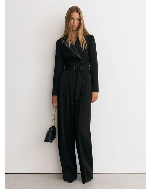 Reiss Black Tuxedo Wide-Leg Belted Jumpsuit