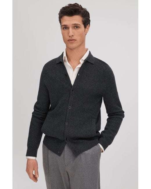 Reiss Gray Kiedler - Charcoal Ribbed Wool Cardigan for men