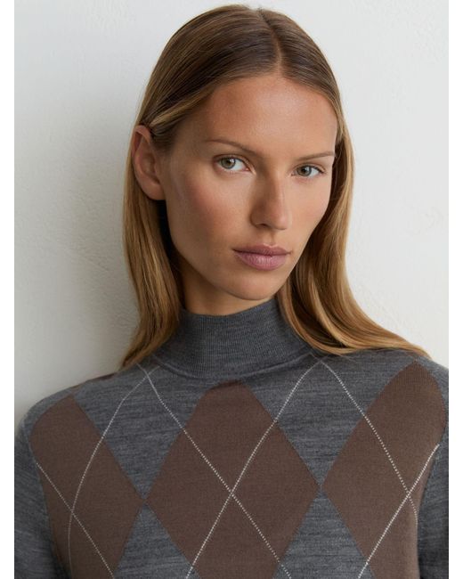 Reiss Gray Wool Argyle Funnel-Neck Jumper