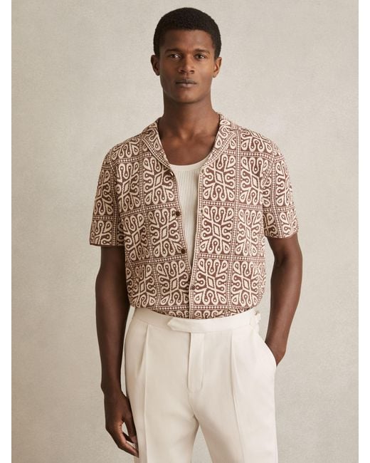 Reiss River - Brown/white Tile Pattern Knit Shirt, L for men