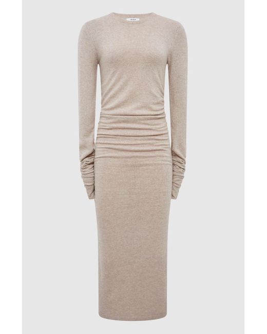 Reiss Natural Charley - Neutral Ruched Midi Dress