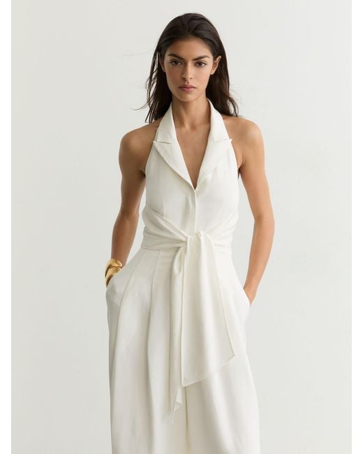 Reiss White Cream Tie-Front Wide-Leg Jumpsuit With Linen