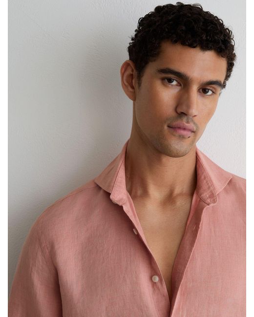Reiss Pink Linen Cutaway-Collar Regular-Fit Shirt for men