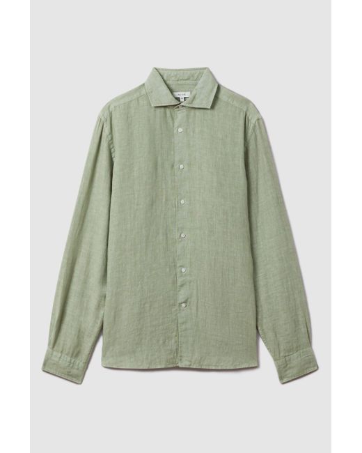 Reiss Green Ruban - Pistachio Linen Button-through Shirt for men