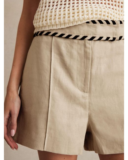 Reiss Natural Fawn - Neutral Linen Whipstitch Shorts, Us 12 L