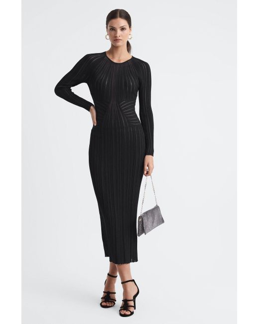 Reiss Ida - Black Sheer Striped Bodycon Midi Dress, Xs