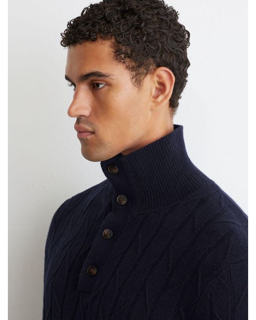 Reiss Blue Wool Stitch-Detail Half-Button Jumper for men