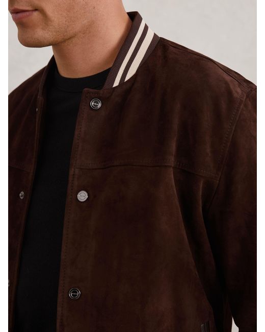 Reiss Black Suede Stripe-Trim Bomber Jacket for men