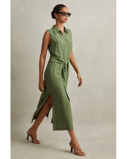 Reiss Morgan - Green Viscose Blend Belted Shirt Dress