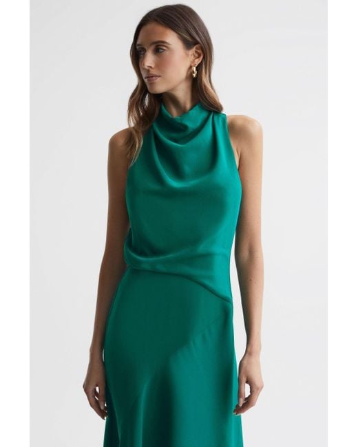 Reiss Green Giana Draped-neck Sleeveless Stretch-woven Midi Dress