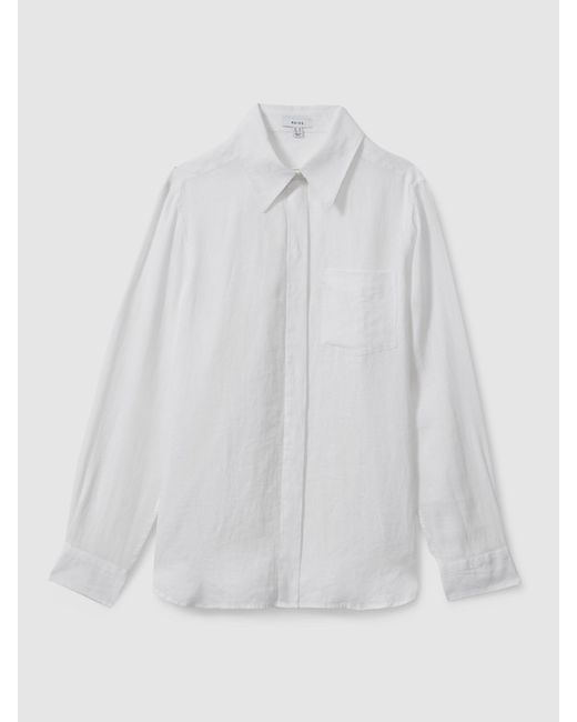 Reiss Natural Campbell - White Linen Long Sleeve Shirt, Us 0