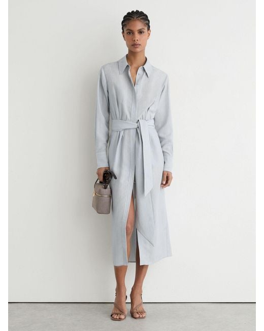 Reiss White Blend Tie-Waist Shirt Dress