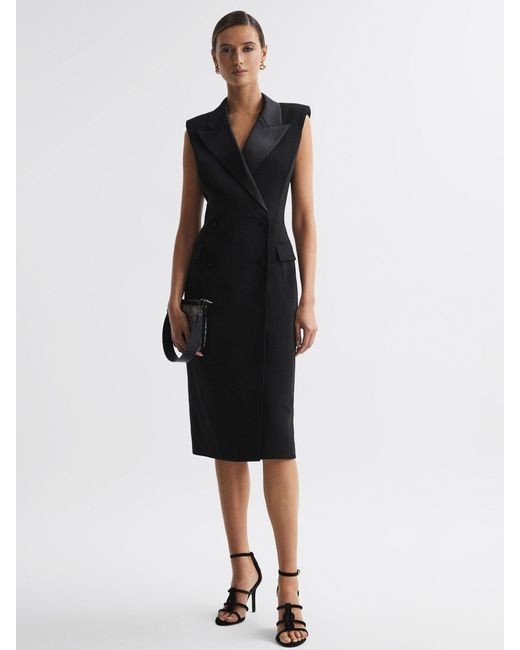 Reiss Black Amari Double-breasted Sleeveless Stretch-woven Midi Dress