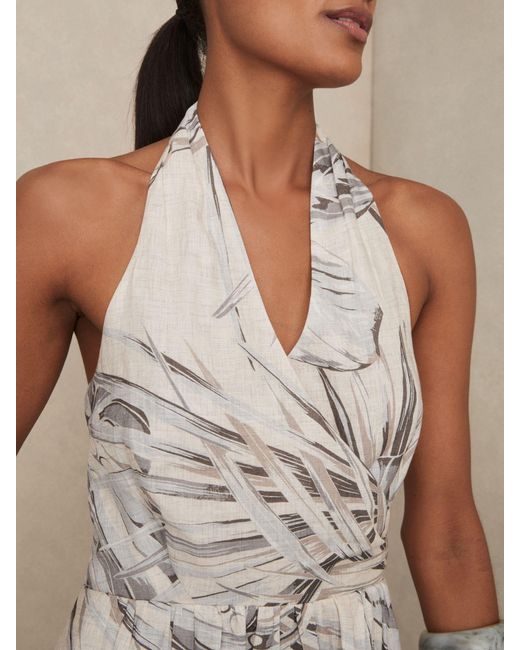 Reiss Natural Petite Linen Palm Print Halterneck Midi Dress