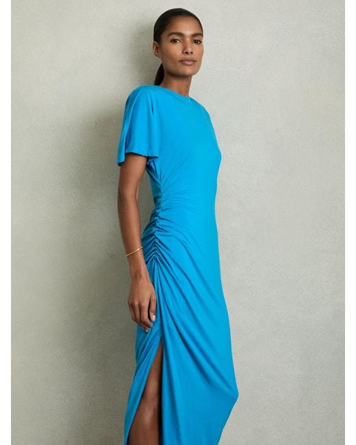 Reiss Blue Tulia Bright -Blend Ruched Midi Dress, Dark