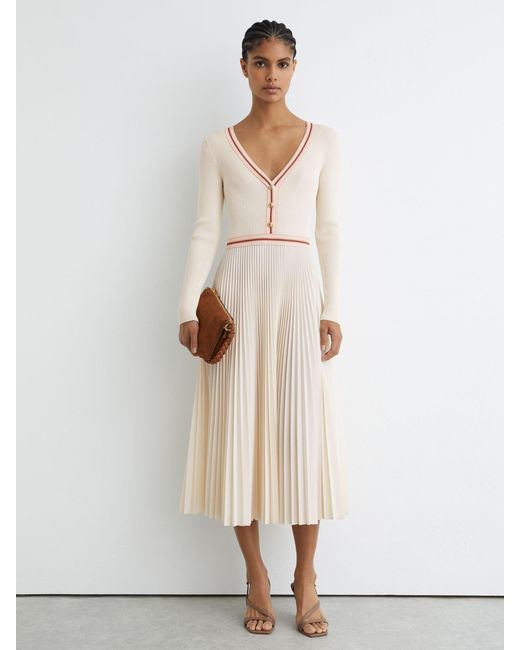 Reiss Natural Rib-Knit Stripe-Trim Pleated Midi Dress
