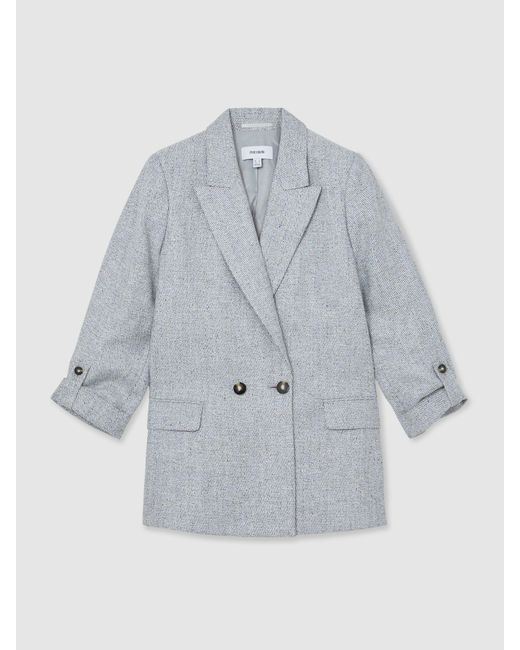 Reiss Gray Linen-Blend Textured Double-Breasted Blazer