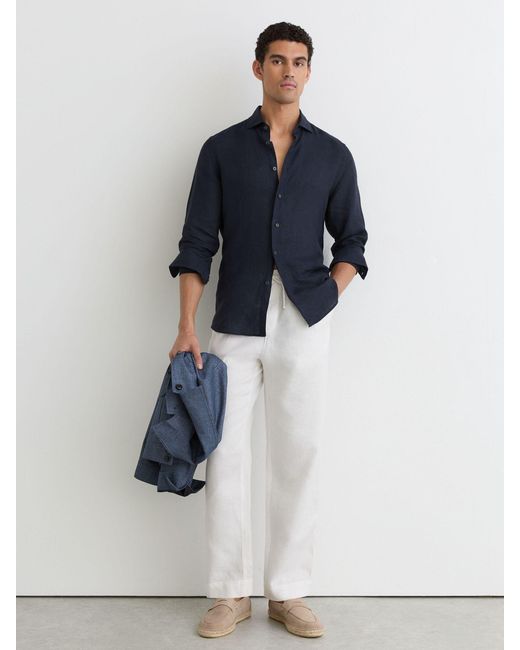 Reiss Blue Ruban - Navy Linen Button-through Shirt, 3xl for men