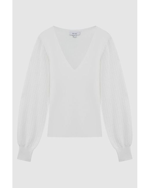 Reiss White Lexi - Ivory Knitted Sleeve V-neck Top