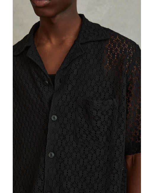 Reiss Elvis - Black Cotton Blend Crochet Cuban Collar Shirt for men