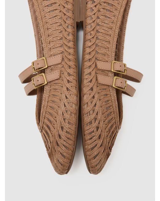Reiss Brown Elizabeth - Neutral Woven Ballerina-strap Flats, Us 8 (uk 6)