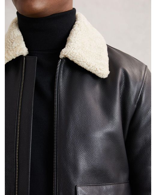 Reiss Gray Leather Shearling-Collar Bomber Jacket for men