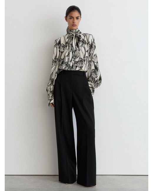 Reiss Black Silk Floral-Print Tie-Neck Blouse