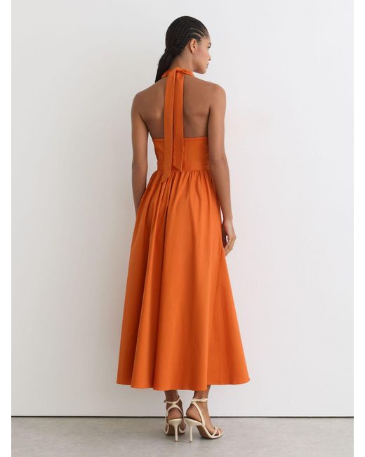 Reiss Rowe - Orange Cotton Halterneck Belted Midi Dress, Us 0