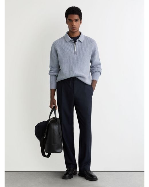Reiss Gray Cotton-Blend Rib Half-Zip Polo Jumper for men
