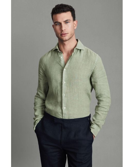 Reiss Green Ruban - Pistachio Linen Button-through Shirt for men